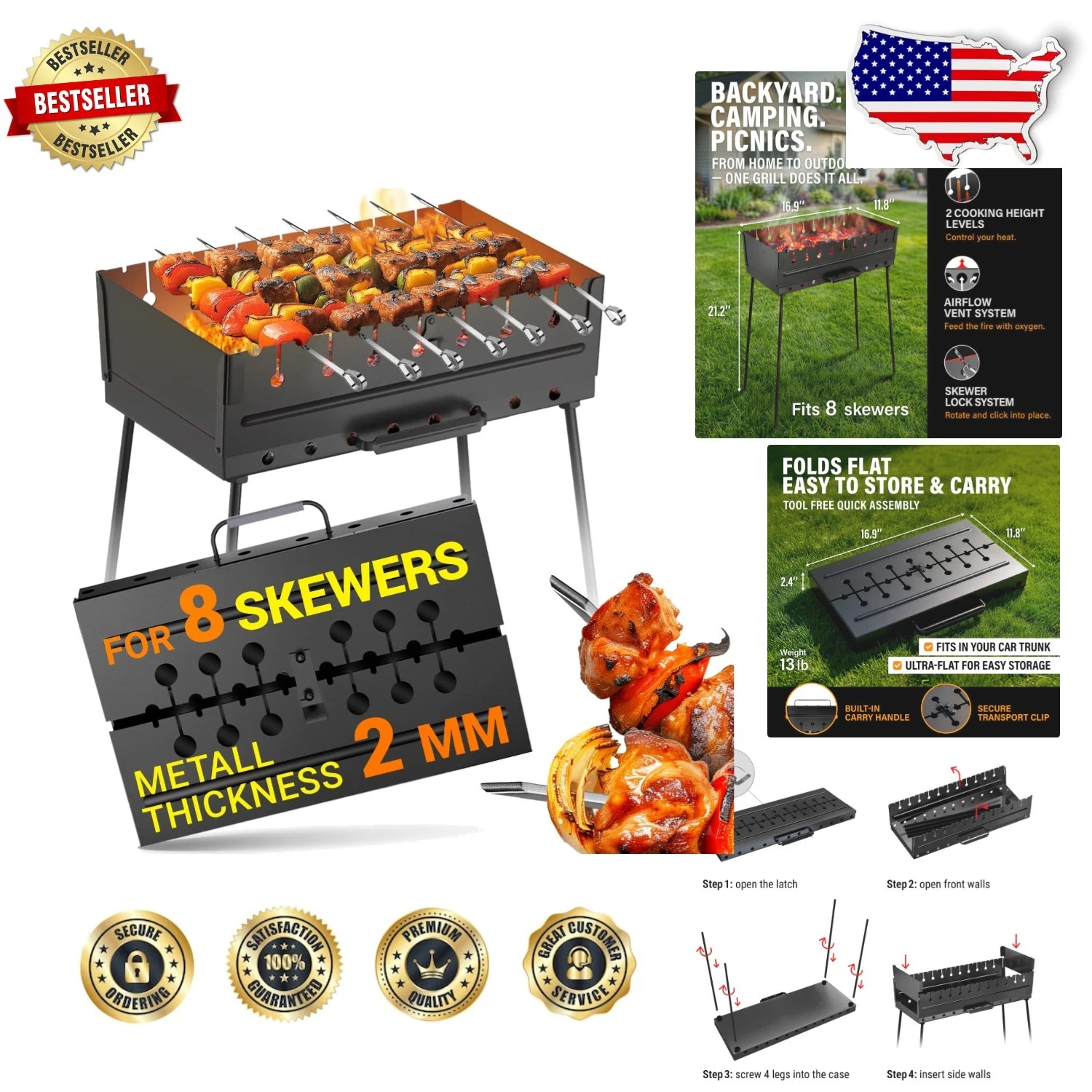 Portable Charcoal Grill 8 Skewers BBQ Kebab Shish Outdoor Camp Hiking
Opens in a new window or tab