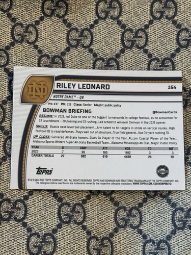 Zafiro universitario cromado Bowman 2024-25 #154 Riley Leonard - Imagen 2 de 2