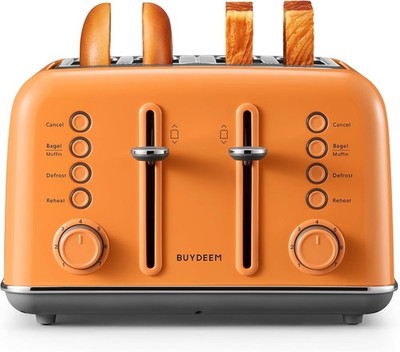 Orange 4 Slice Toaster Extra Wide Slots - Retro Stainless Steel 7-Shade Setting