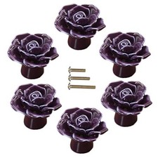 Ceramic Elegant Rose Flower Cabinet Knobs, 6Pcs Vintage Kitchen Purple 6 Pack