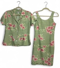 Vintage Y2K 100 silk Tommy bahama green floral dress and button up matching set