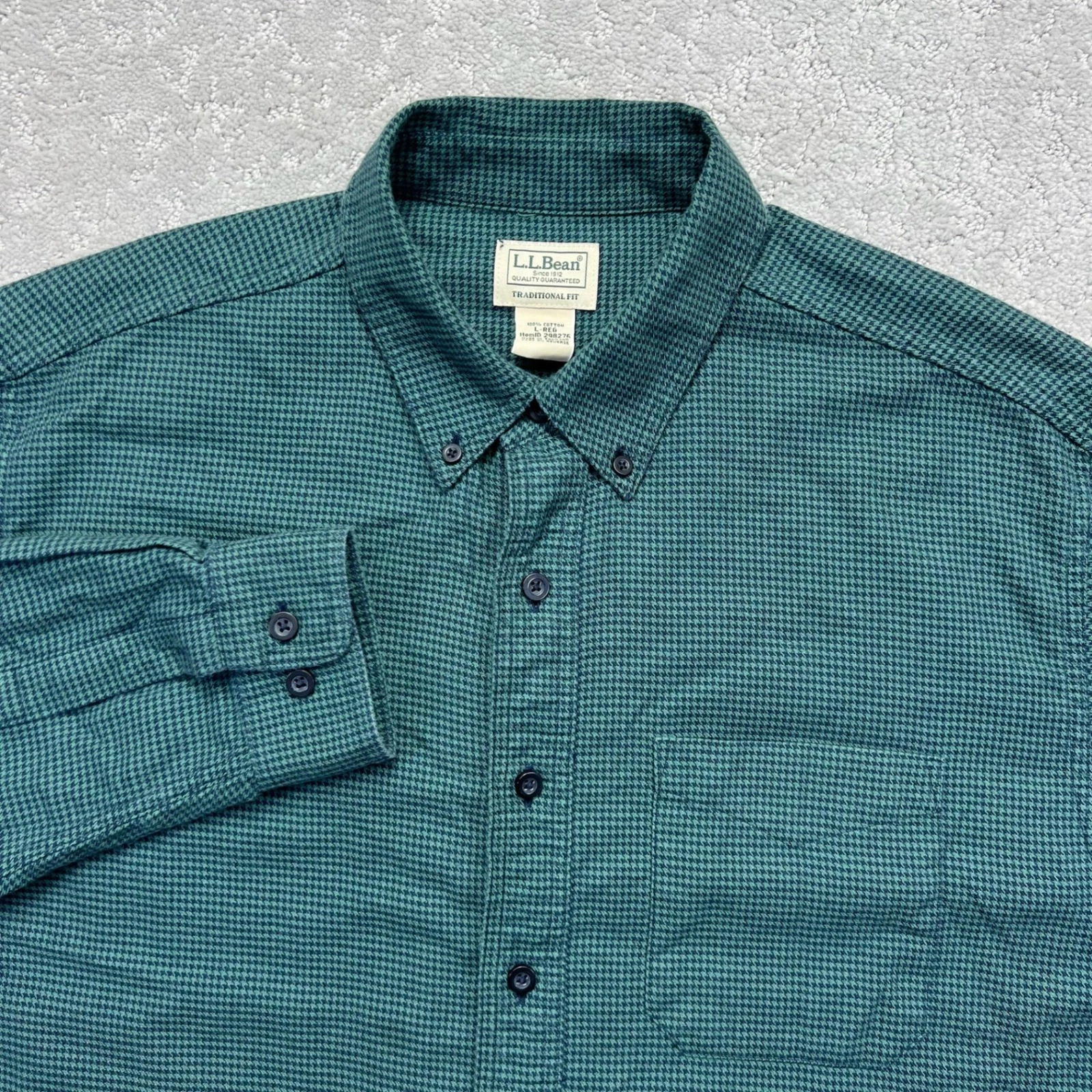 LL Bean Shirt Mens L-Reg Green Navy Traditional Fit Houndstooth Flannel Cotton
