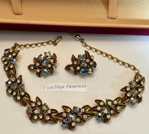 FLORENZA Conjunto de Collar Vintage FIRMADO Aurora Boreal y Estrás Clip Pendientes - Imagen 3 de 15