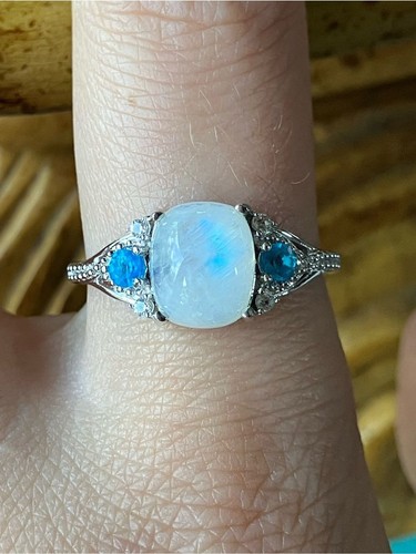 Rainbow Moonstone Blue Apatite Sterling Silver Ring Size 10