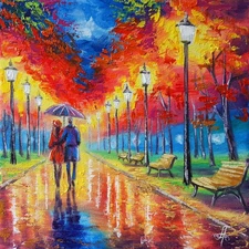 Small Oil Painting Autumn Park Benches Couple Umbrella Colorful Canvas Art