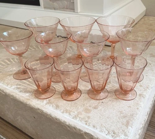 RARE Pink Depression Flower Etched Glass Cocktail and Wine Glass Set, 12 Piece