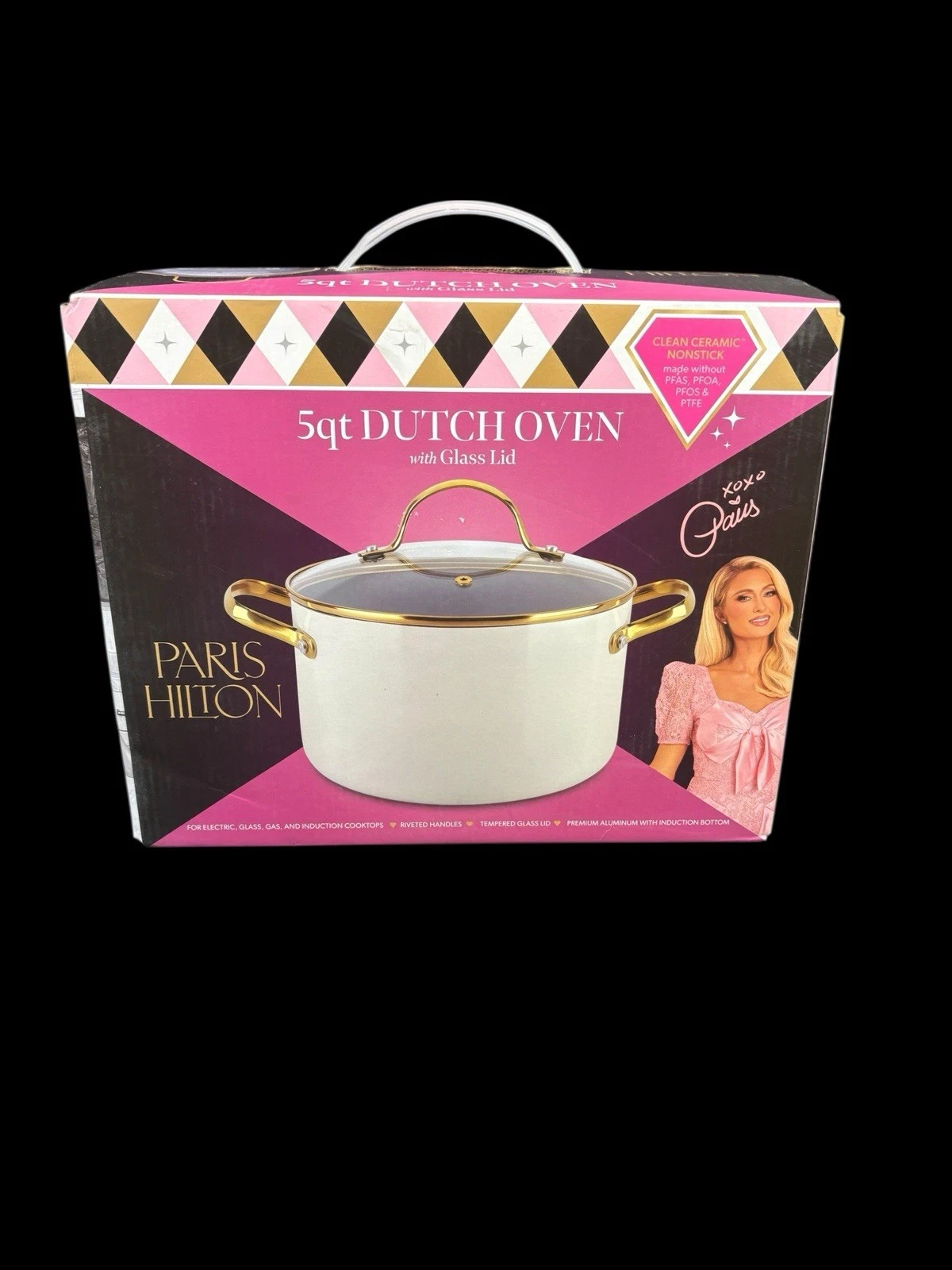 New Paris Hilton Nonstick Ceramic 5 Qt Dutch Oven with Glass Lid Cookware Pot