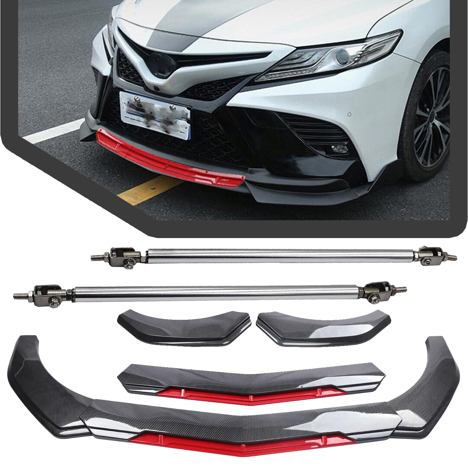 For Toyota Camry Front Bumper Lip Spoiler Splitter Strut Rod Carbon Fiber M