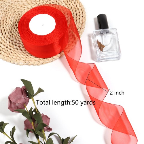 Red Sheer Organza Ribbon for Gift Wrapping 2 inch 50 Yards Chiffon Ribbon for... - Picture 2 of 7