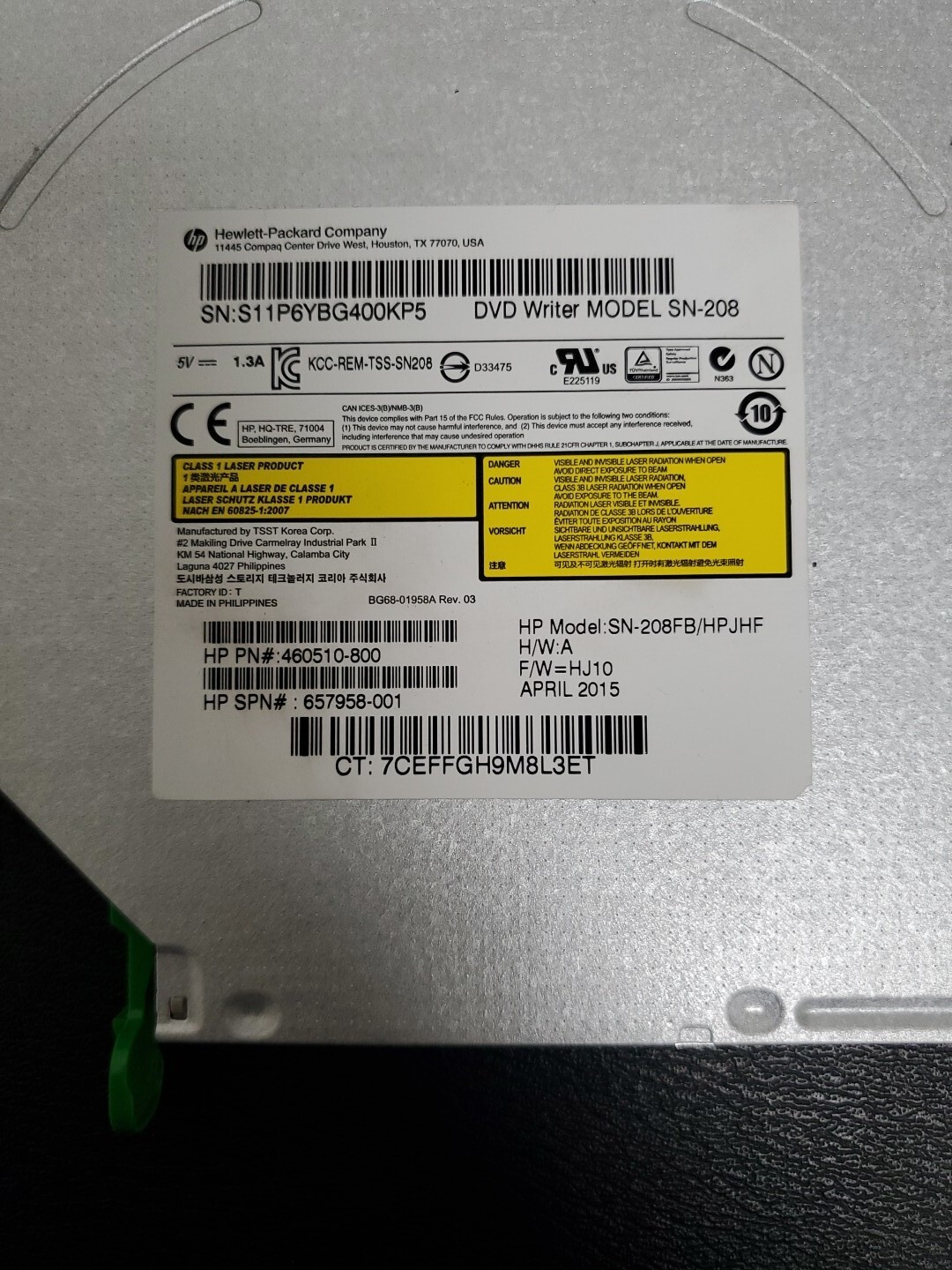 HP DVD Writer SN208FB/HPJHF S11P6YBG400KP5 460510800 657958001 SN