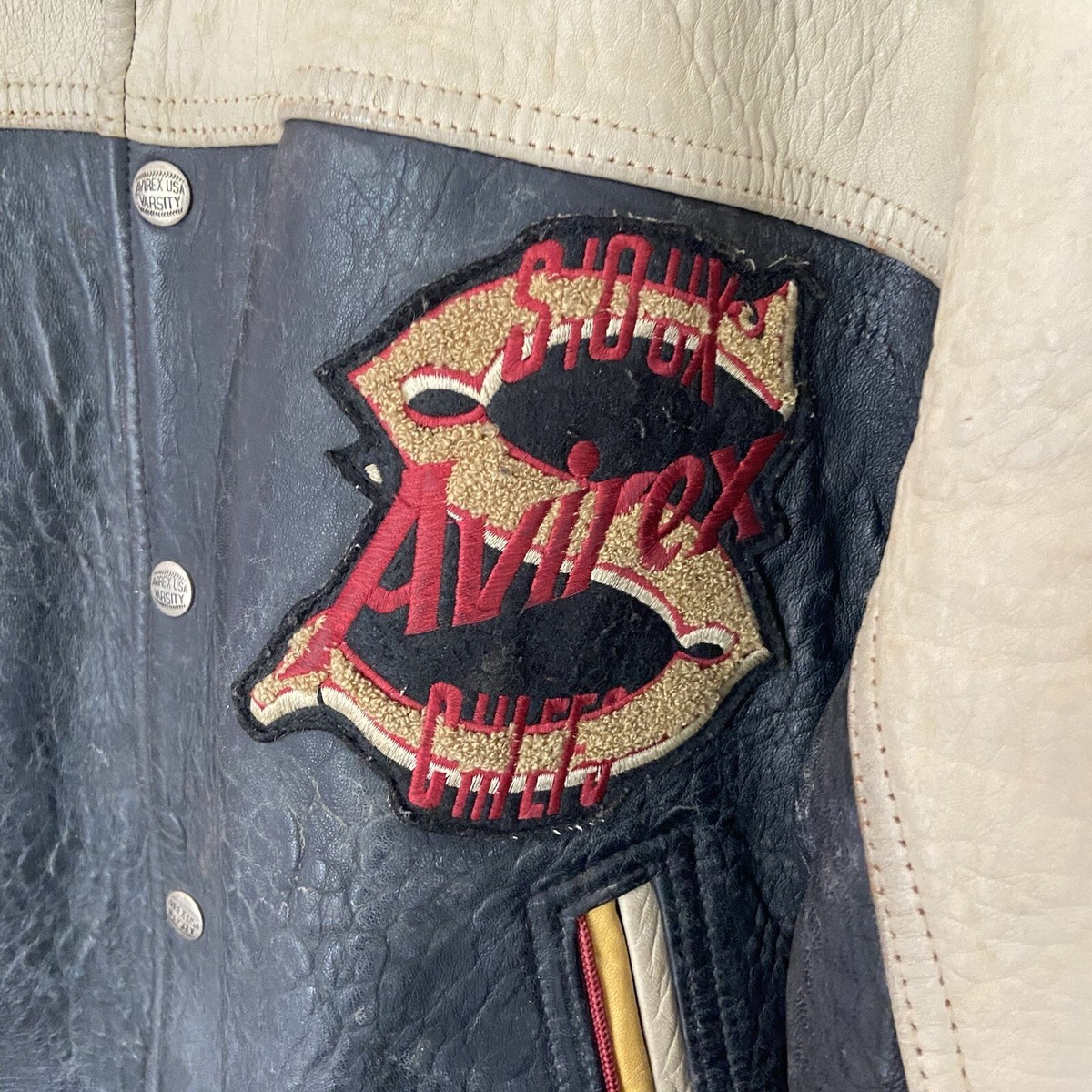 ジャケット・アウター 90s AVIREX leather varsity jacket BLK S AVIREX Indian Head Varsity Genuine Leather Jacket Size M