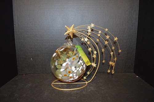 Iron Art Glass Praline Iridescent Hand Blown Witch Ball With Metal Hanging Stand - Picture 2 of 8