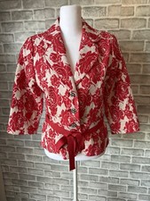 Harold’s 6 Red/white Floral Damask 3 Button Blazer Jacket Ribbon Belt 3/4 Slv