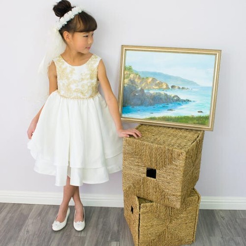White Gold Satin Ruffles Floral Lace Dress - Picture 7 of 14