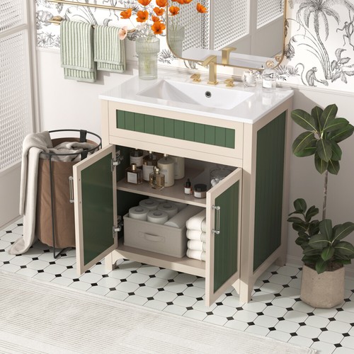 30" Bathroom Vanity with Ceramic Sink, Solid Wood Frame, Adjustable Shelf - Picture 2 of 24