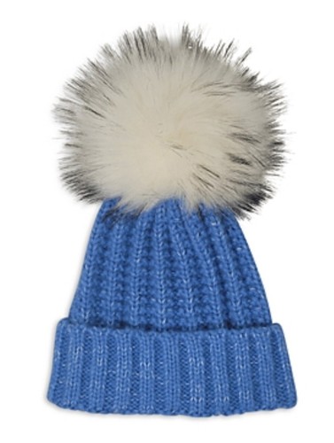 Kyi Kyi Knitted Faux Fur Pom Pom Hat, Allure Blue, One Size, $65