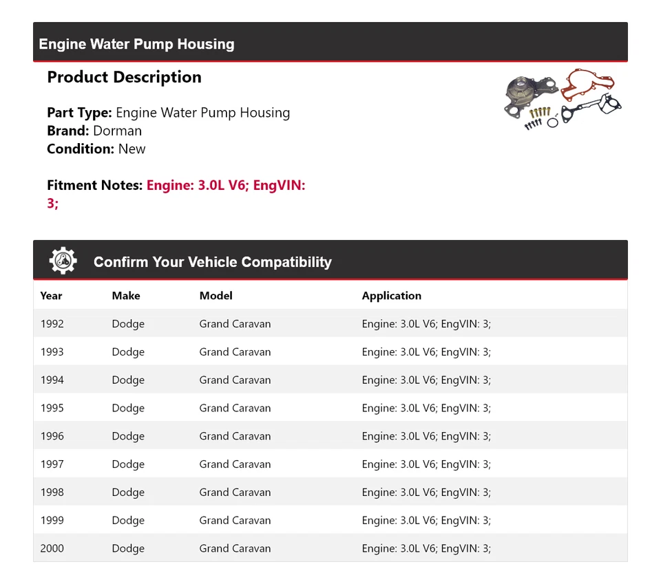 Carcasa de bomba de agua para Dodge Grand Caravan 1992-2000 3,0 L motor V6 Dorman 1993 Foto 2 de 4