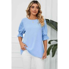 Pleated Flounce Sleeve Keyhole Blouse