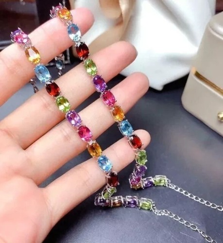 6Ct Oval Lab Created Multi Color Gemstones Tennis Bracelet 14K White Gold Plated - Picture 7 of 7