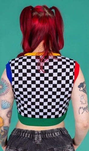 RUN AND FLY Black White Checkerboard Cropped Tank Top y2k Emo Sweater Vest Crop - Picture 5 of 15