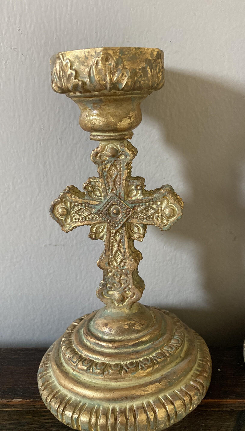 3 Gold Cross Religious Candle Holders All Different eBay
