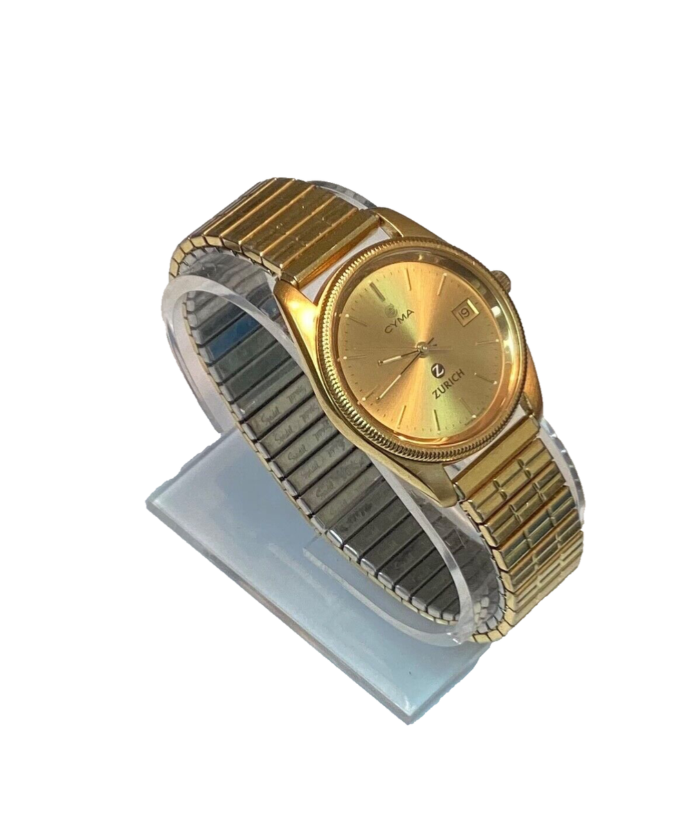 Cyma Vintage Swiss Speidel Flex Quartz Men's Gold Zurich Watch New