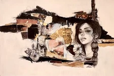 original abstract acrylic painting on canvas collage technique - hand painted