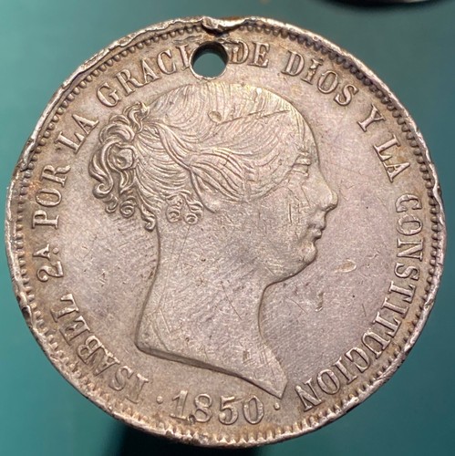 VF (holed) - 1850 - 20 Reales - Seville Spain - Nice Silver Coin! - Bild 2 von 2