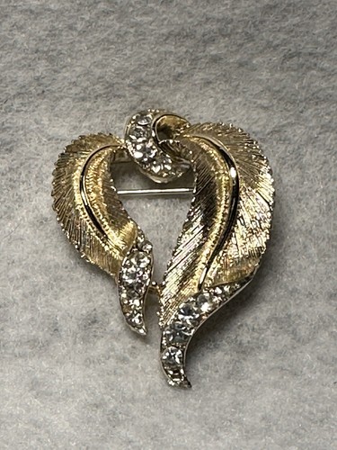 Vtg LISNER 55-60s Feather Pin / Brooch, Crystal, Gold Plate, Jewelry, Jewellery