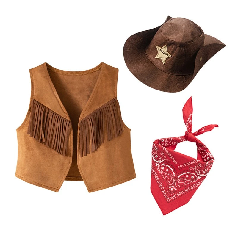 Unisex Kids Western Cowboy Outfit Vest with Bandanna Hat Sets Fancy Dress Up - Image 2 of 4