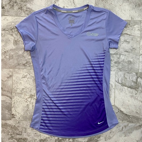 Nike Running Dri-FIT Purple Ombre Striped V-Neck T-Shirt Womens Small