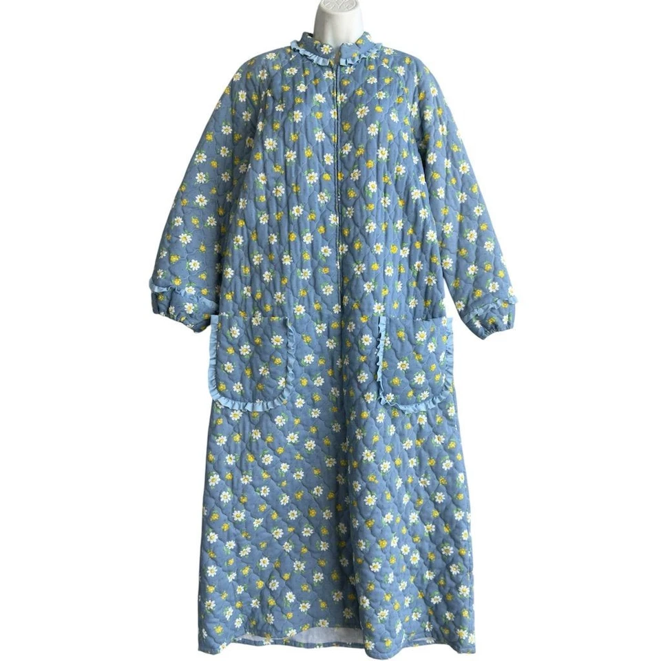 Acogedora bata acolchada floral azul vintage sin marca para mujer S media cremallera manga larga Foto 4 de 4