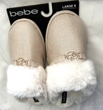 BEBE IVORY/Goldish Faux Fur GOLD Crystals LOGO Soft Slide Slippers Size L/9 BNWT