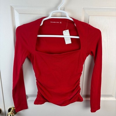 New NWT Abercrombie & Fitch Ruched Sides Long Sleeve Red Top Medium M Women's