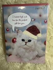 Papyrus Christmas Card 2010 White Cat Glitter Santa Hat Photo style card Friends