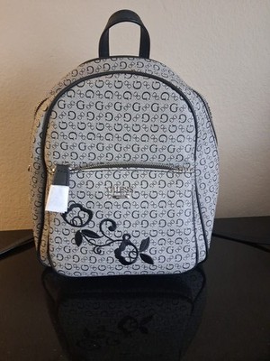 GUESS Backpack Purse Gray & Black Monogramed Pattern W/Black Floral Embroidery 