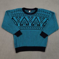 Vintage Jacques Michel Grandpa Sweater Mens M Blue Black Geometric USA Made 90s