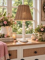 Clayre & Eef Tischlampe 42Cm Rattan Lampenschirm Lampenfuß Holz Beige
