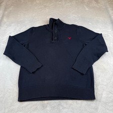 American Eagle Mens Sweater L/G Blue Athletic Fit Button Mock Neck Pullover