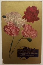 Vintage Gold Gilt Postcard Red & Pink Carnations with Sentimental Verse