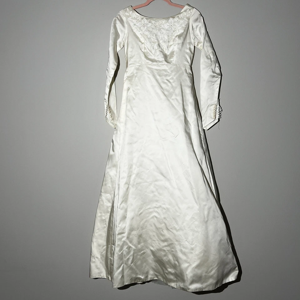 Vestido de novia vintage años 60 mod MCM satinado apliques de encaje vestido de novia tren lazo XS Foto 3 de 4