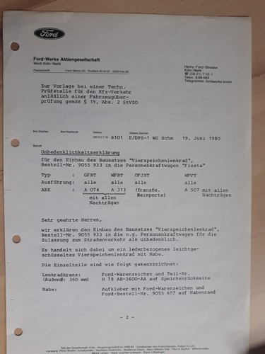 ABE / UE von Ford über 4 Speichen Sportlenkrad beim Fiesta 1980 Rar