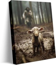 Jesus and Lamb Canvas Wall Art Jesus Running After Lost Lamb Picture Wall Art