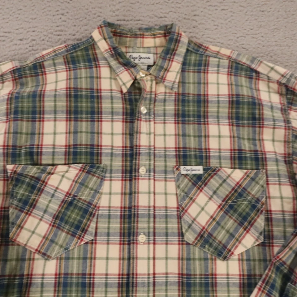 Pepe Jeans Shirt Mens XL Green Blue Plaid Button Up Made in USA Oxford Pockets - Image 3 of 4