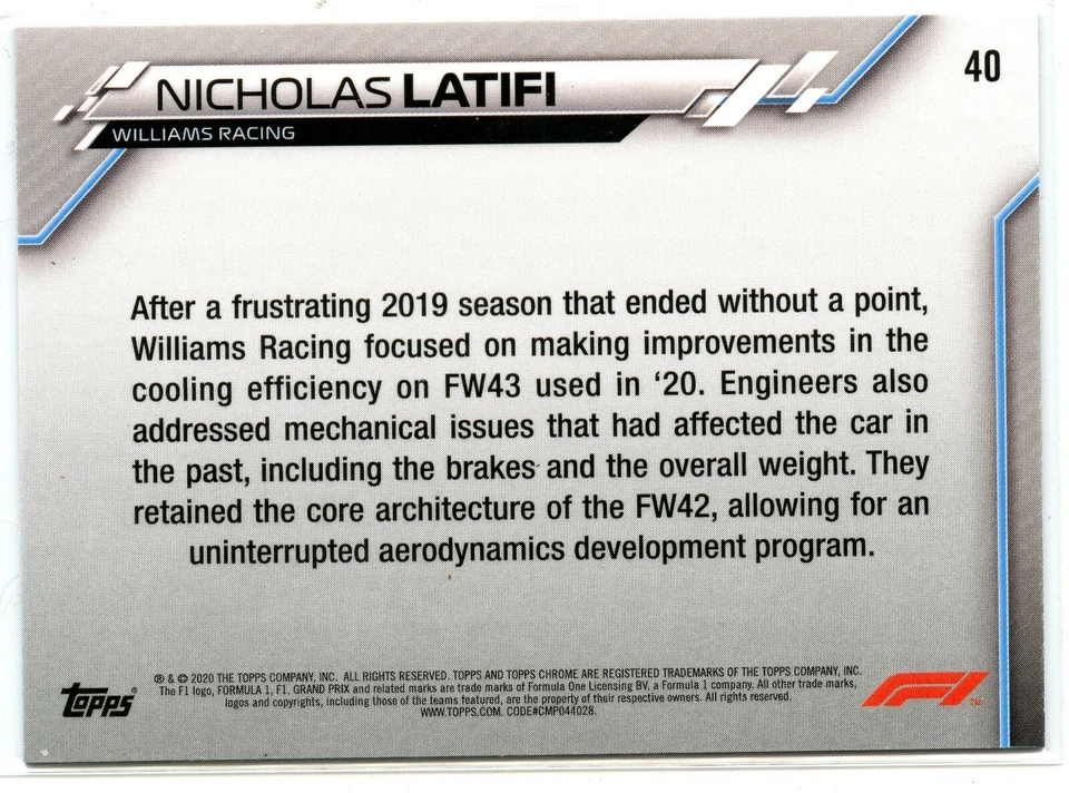 2020 Topps Chrome Formula 1 #40 Nicholas Latifi - Williams Racing base - Image 2 of 2