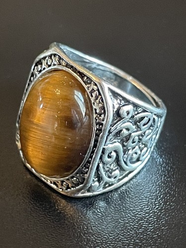 Natural Tigers Eye Stone S925 Silver Plated Men Women Ring Size 8.25 - Picture 3 of 9