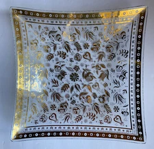 MCM Georges Briard Gold Persian Garden Large 11”x 11” Pebbled Glass Plate Dish
