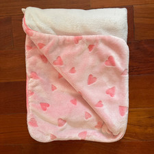 Carters Pink Embossed Hearts Plush Satin Edge Trim Thick Baby Blanket White Back