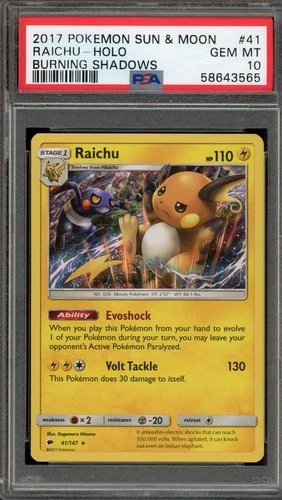 Pokemon Raichu Holo Burning Shadows 41/147 PSA 10 Gem Mint