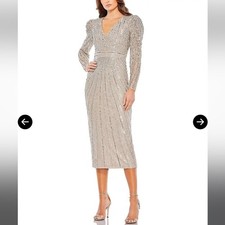 NWT Mac Duggal Beaded Lace Long Sleeve Dress silver v neck puff sleeve size 2